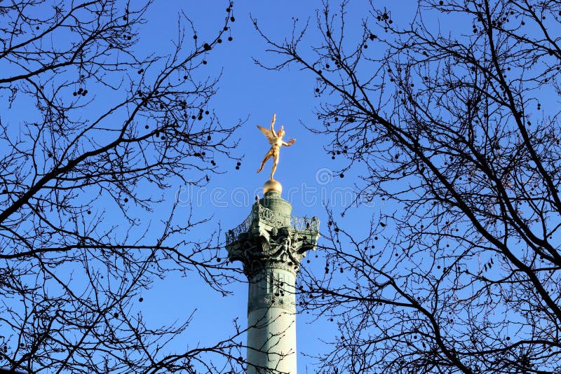 Place de la Bastille Genius of Liberty on July Column Paris. Genius of Liberty Le Génie de la Liberté by french sculptor Augustin Alexandre Dumont bronze and royalty free stock photo